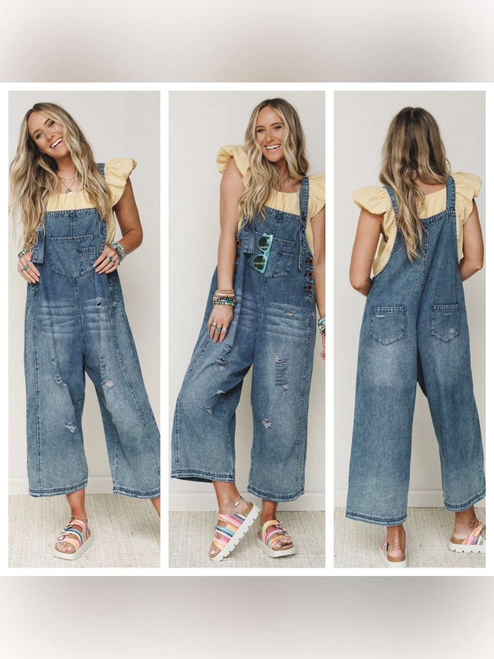 NWT Easel Slouchy Overalls Distressed Wide-Leg | Blue Denim Jean
